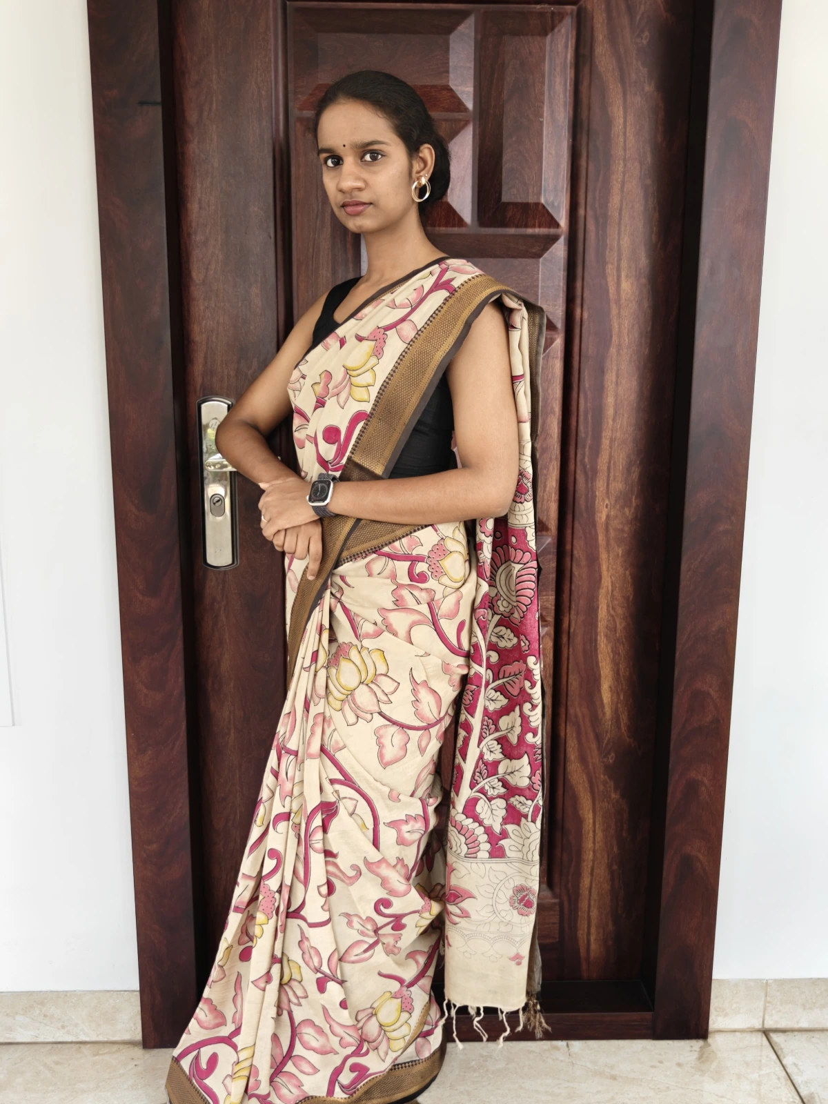 Cream And Rani Pink Lotus Kalamkari Silk Pkk002 4